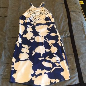 Blue and white high neck low back fitted dress